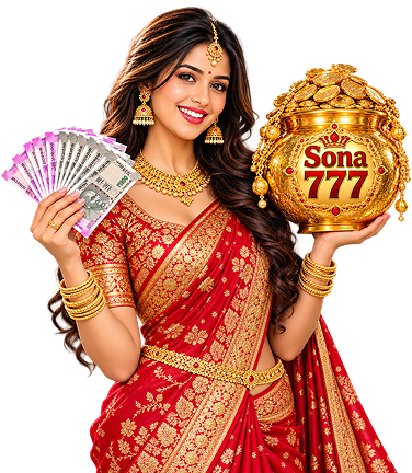 Woman in a red sari holding the Sona 777 gold pot